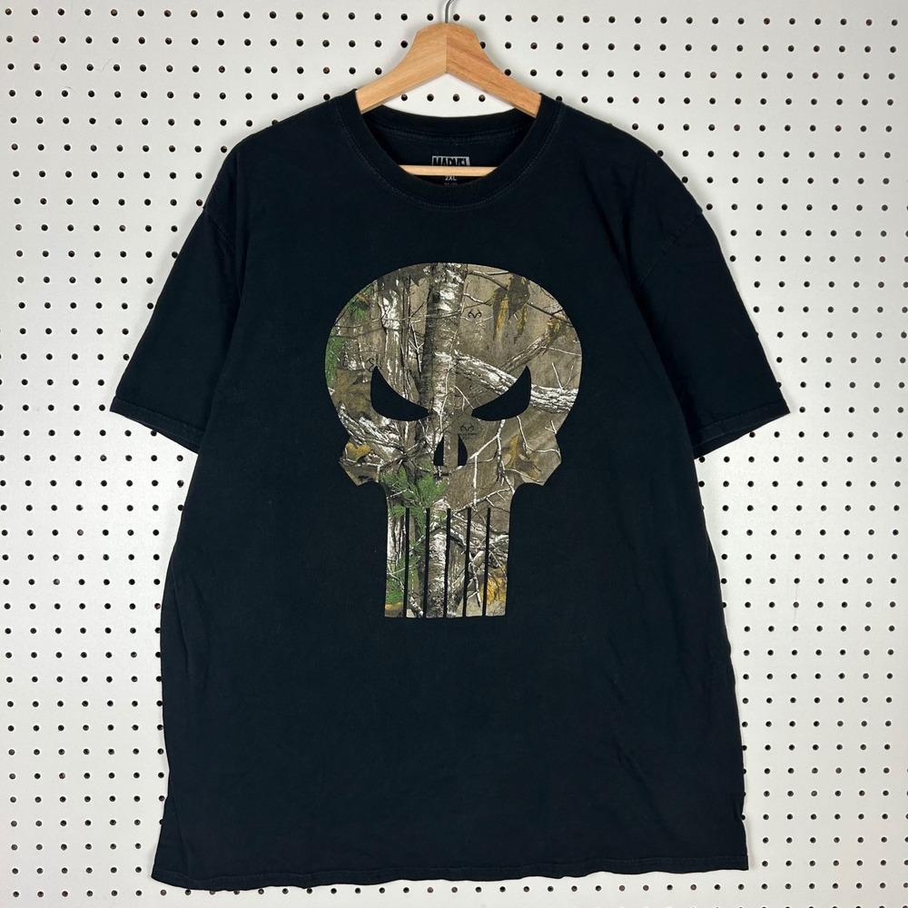 Marvel Punisher Skull RealTree Camo Graphic T-Shirt Mens XL Black Short Sleeve